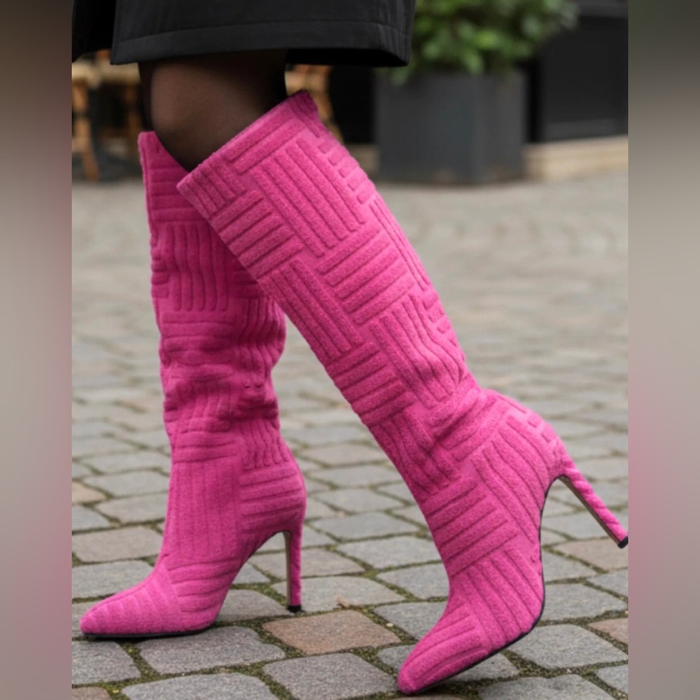 Pink Textured Knee-High Boots - Women